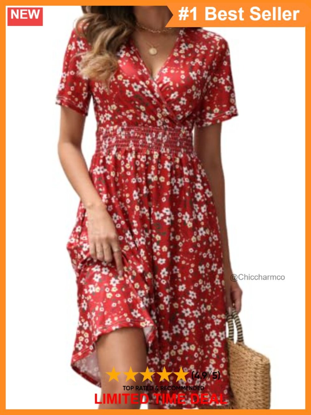 Women's Midi Summer Dress V-Neck Smocked Waist A-Line Pockets